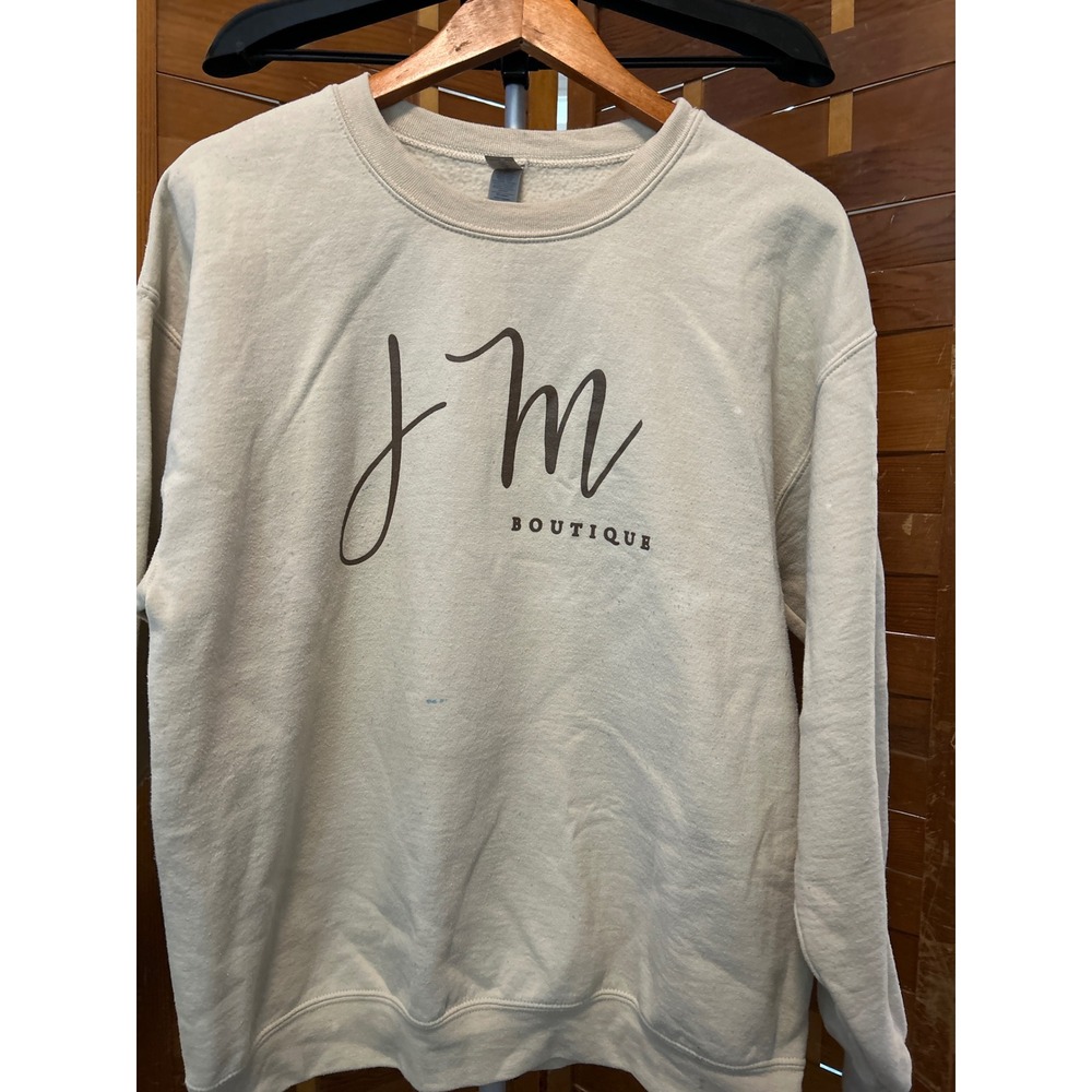Gildan JM Boutique Crewneck Sweatshirt Tan Beige Graphic Pullover Women's L